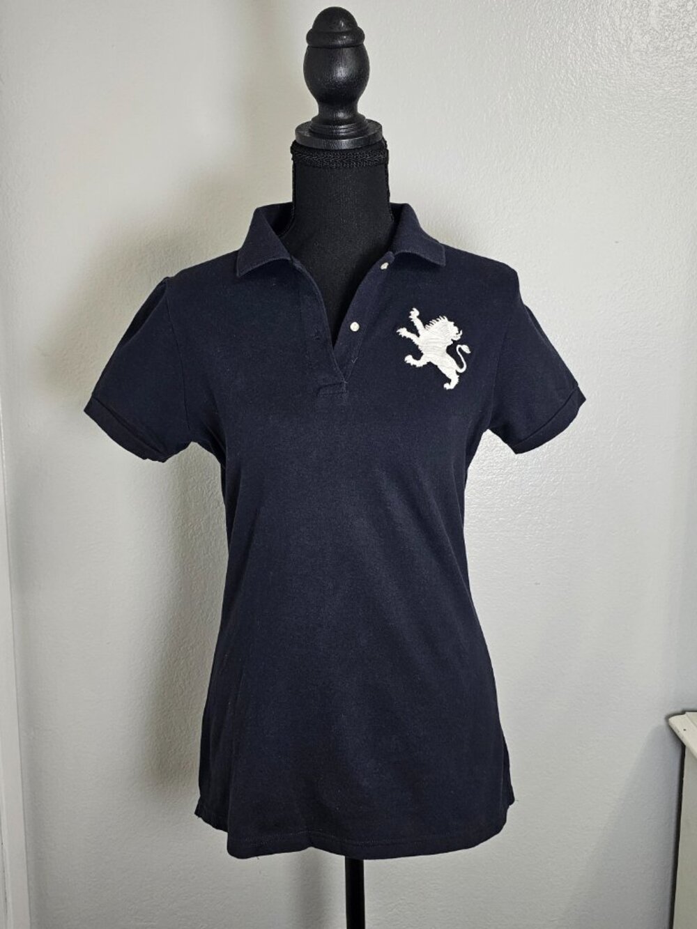 Express Y2K Dark Blue Fitted Top Lion Logo Womens Polo Shirt - Size Medium - Picture 2 of 6